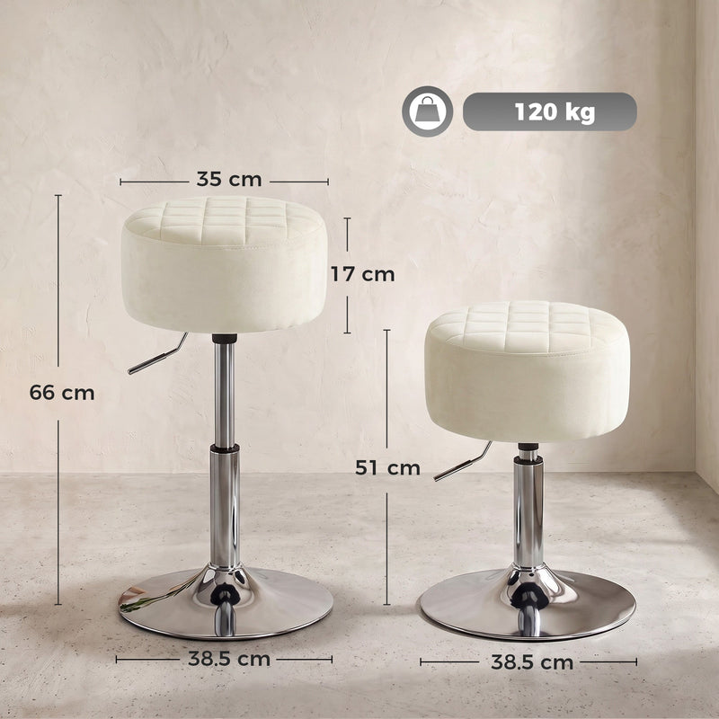 Dimension diagram showing 35cm seat, 17cm cushion, 51-66cm height and 38.5cm base