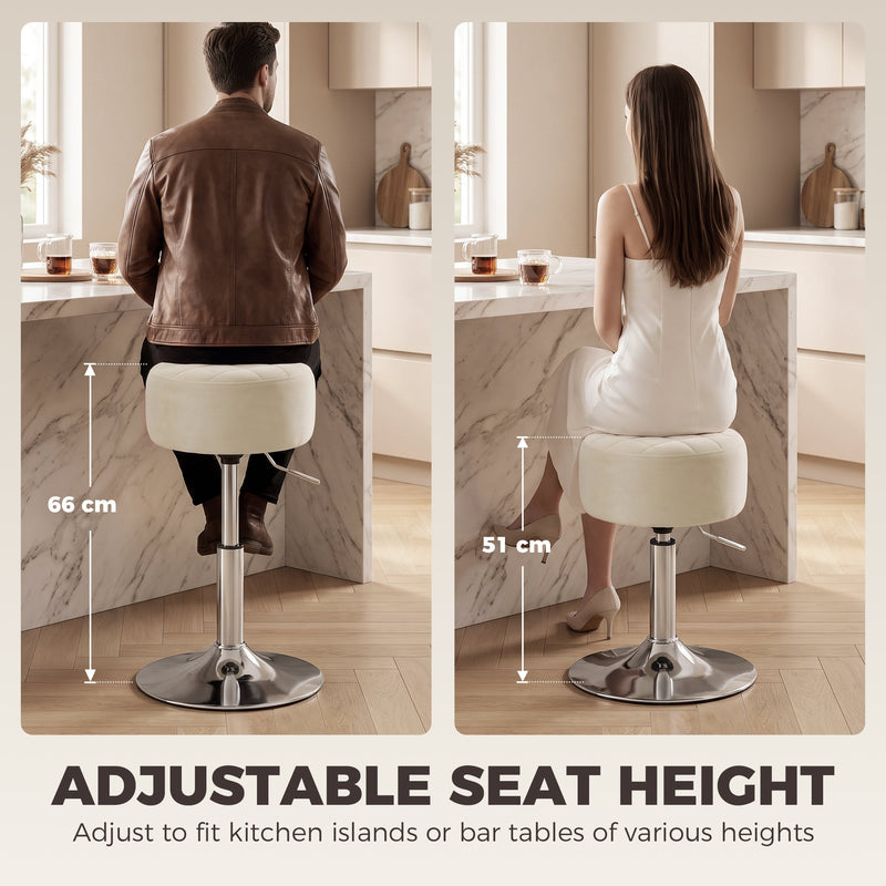 Two people seated at counter height showing the 51cm and 66cm seat height options