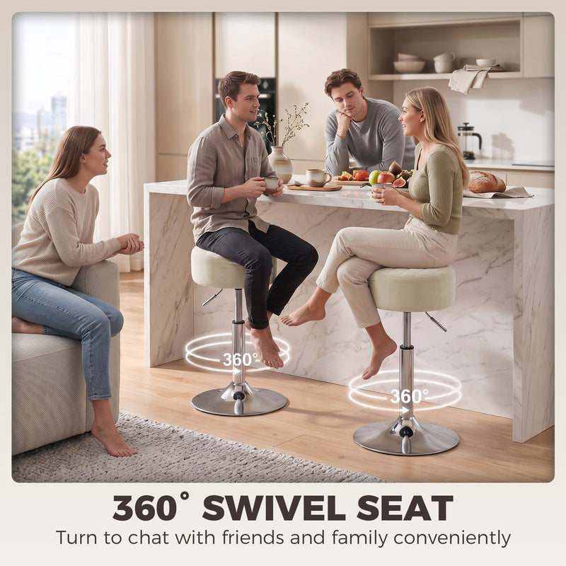 Friends chatting around a kitchen island showing the 360 degree swivel seats