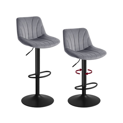 Pair of Vasagle grey velvet swivel bar stools shown side by side on a white background, one rotated to show the swivel action