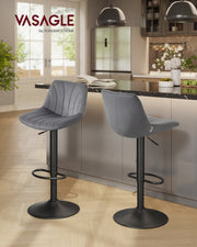 Two Vasagle grey velvet bar stools styled at a kitchen island, showing front and back views
