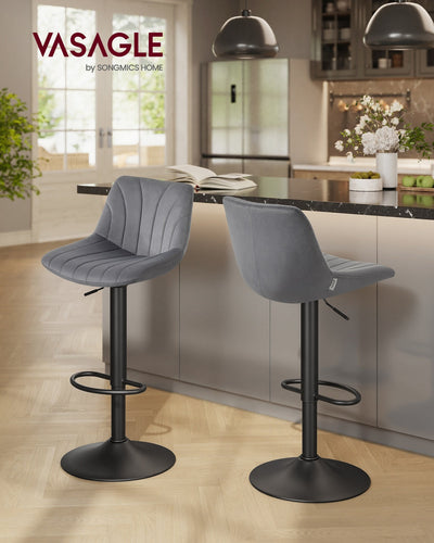 Two Vasagle grey velvet bar stools styled at a kitchen island, showing front and back views