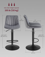 Dimensions diagram of the Vasagle bar stool showing seat, backrest, base and adjustable height measurements