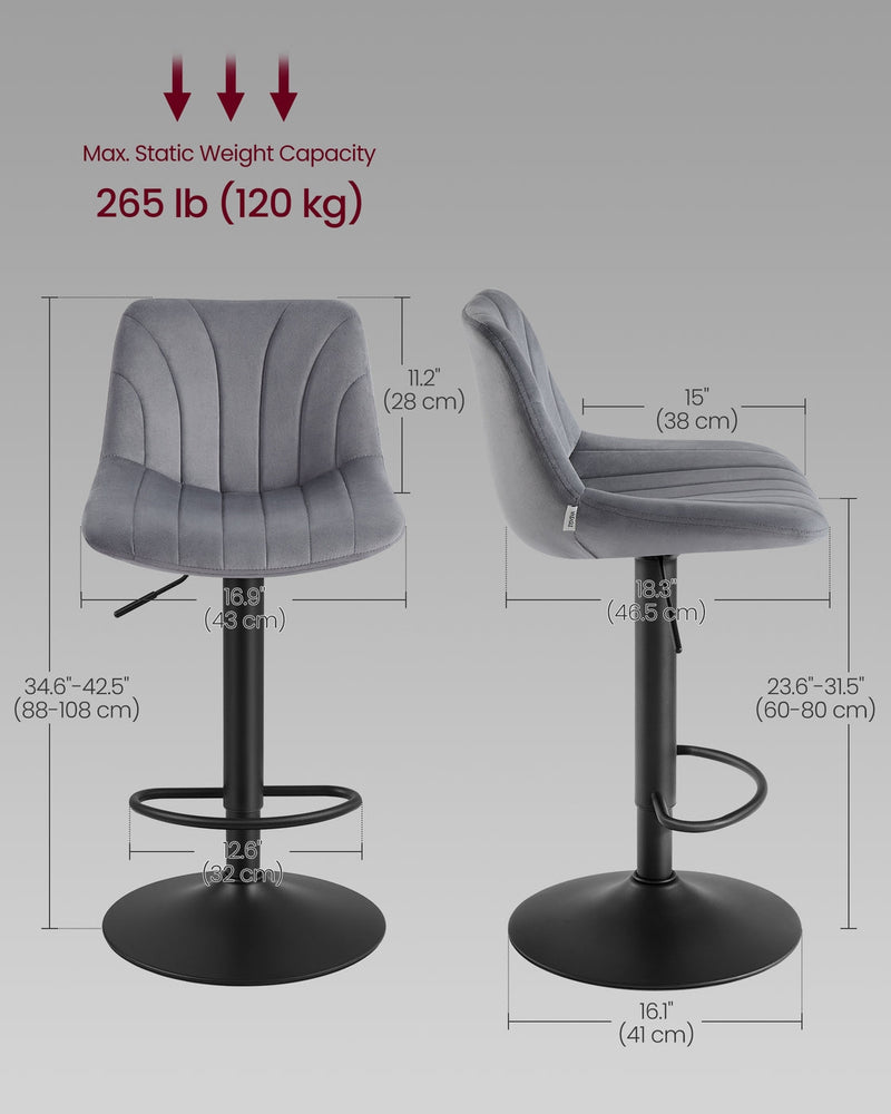 Dimensions diagram of the Vasagle bar stool showing seat, backrest, base and adjustable height measurements