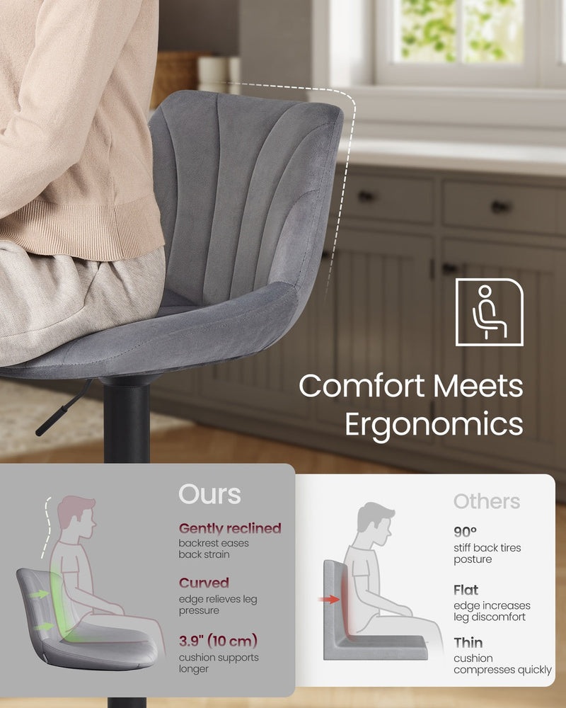 Close-up of a person seated on the bar stool showing the curved backrest and cushioned seat ergonomics