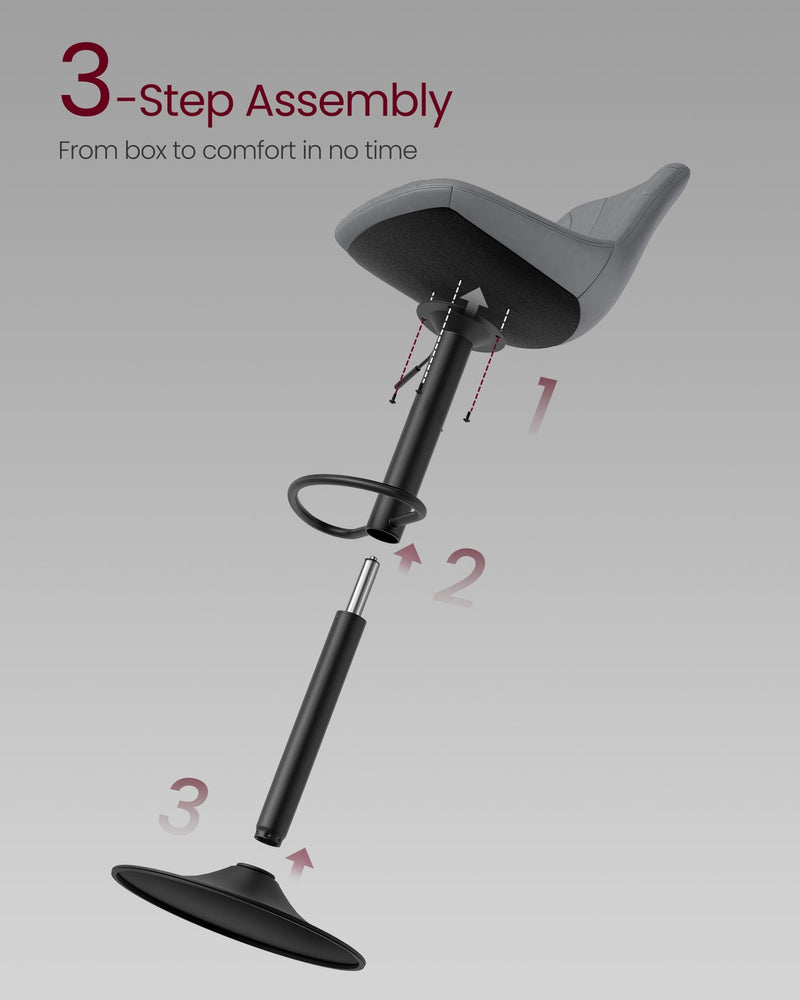 Exploded assembly diagram of the Vasagle bar stool showing the 3-step assembly of seat, gas cylinder and base