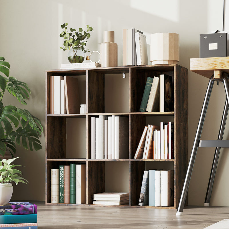 Nine Cube Storage Shelf Unit With Open Compartments For Home or Office, Rustic Brown