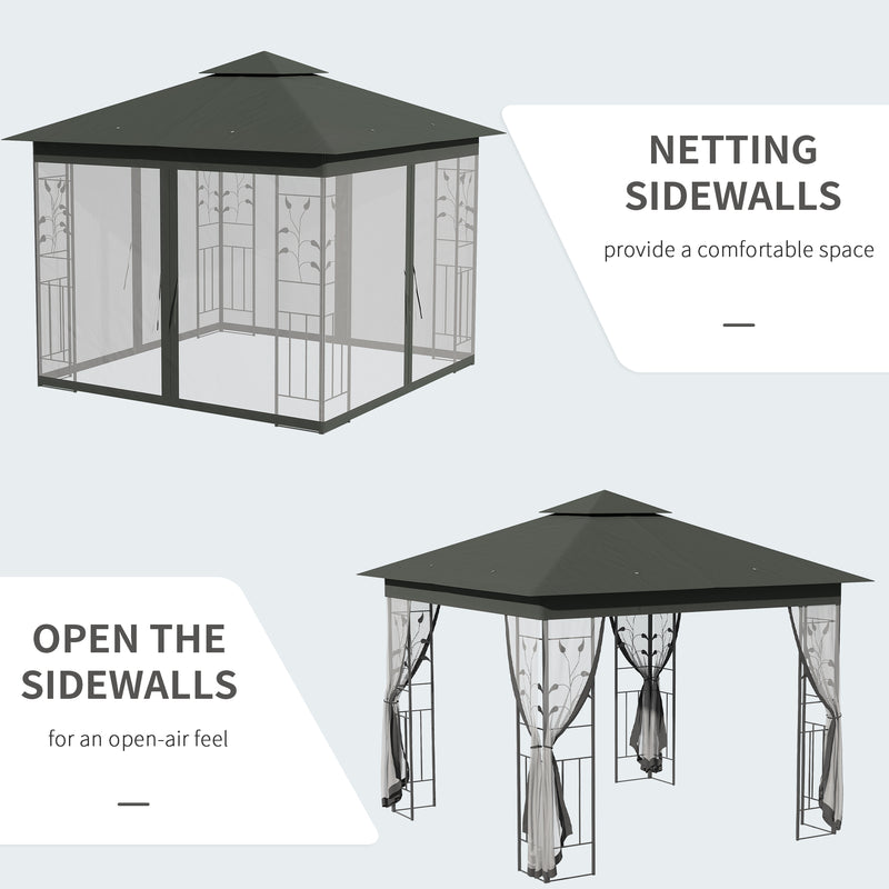 Grey 3 x 3m Steel Frame Garden Gazebo with Drapes, Double Roof for Outdoor Shade