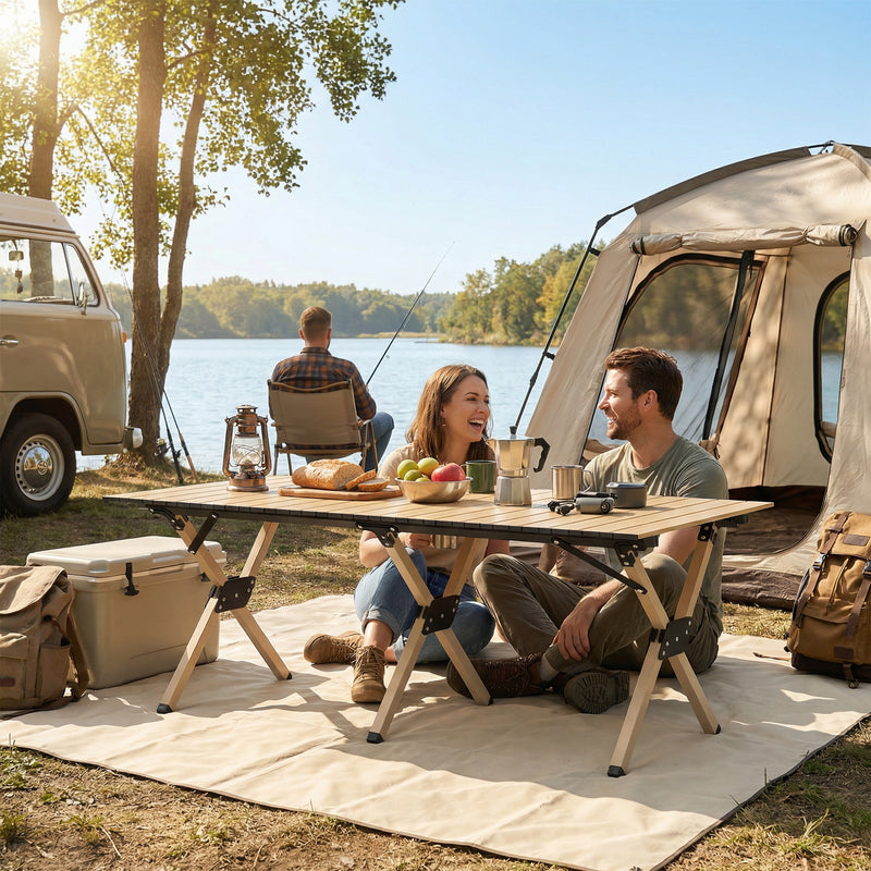 Folding Camping Table with Roll Up Top for Stable Outdoor Meals Dark Brown