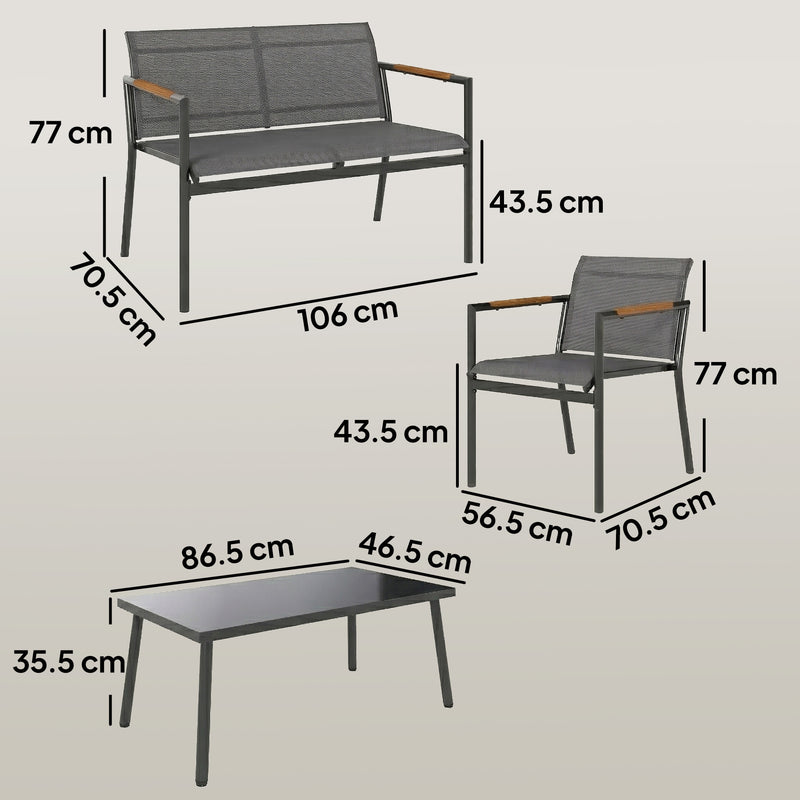 Outsunny 4 Seater Garden Furniture Set with Loveseat, Armchairs, Table, Metal Garden Sofa Set with Breathable Seats, Grey AOSOM