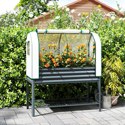 Raised Garden Planter With Greenhouse Cover And Tool Shelf For Easy Gardening Dark Grey Outsunny