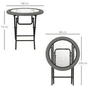 Folding Round Garden Table with Tempered Glass Top and Grey Rattan Edging by Outsunny