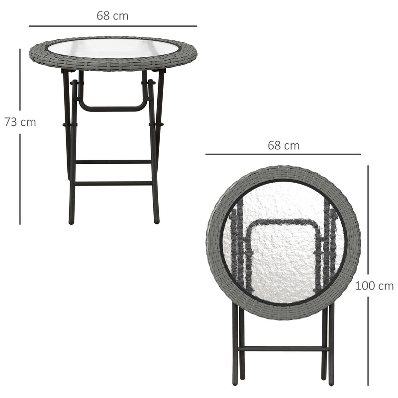 Folding Round Garden Table with Tempered Glass Top and Grey Rattan Edging by Outsunny