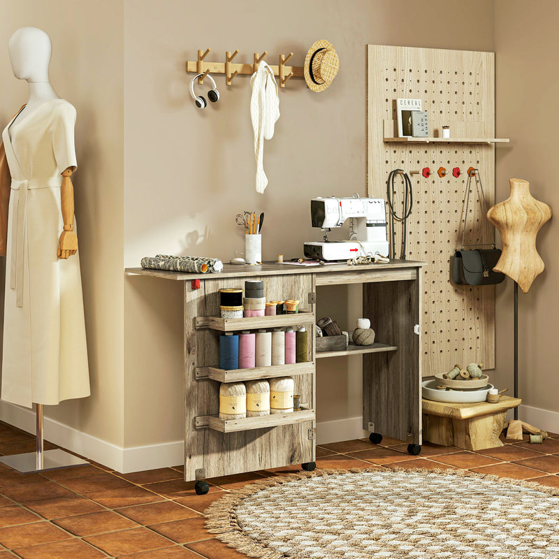 Grey Folding Sewing Table with Drop Leaf Storage Bins Shelves and Wheels by HOMCOM AOSOM