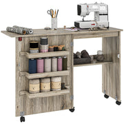 Grey Folding Sewing Table with Drop Leaf Storage Bins Shelves and Wheels by HOMCOM AOSOM