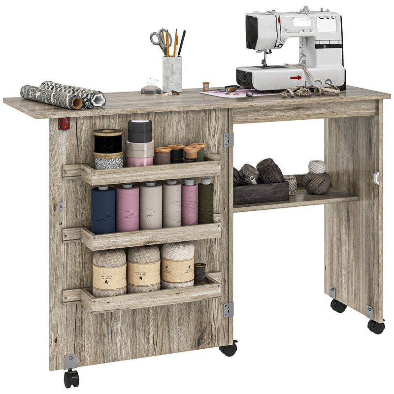 Grey Folding Sewing Table with Drop Leaf Storage Bins Shelves and Wheels by HOMCOM AOSOM