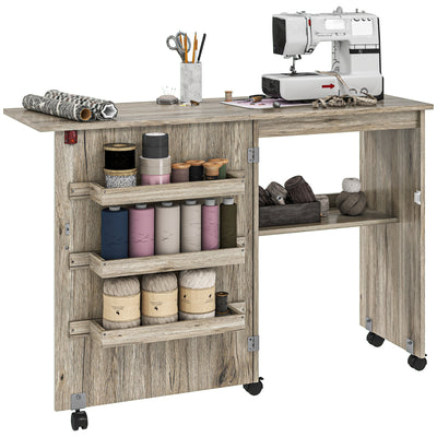 Grey Folding Sewing Table with Drop Leaf Storage Bins Shelves and Wheels by HOMCOM AOSOM