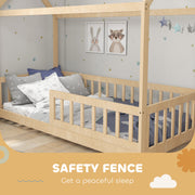 Wooden Kids House Bed Frame with Safety Guard Rails for Children Single Bed Natural AOSOM