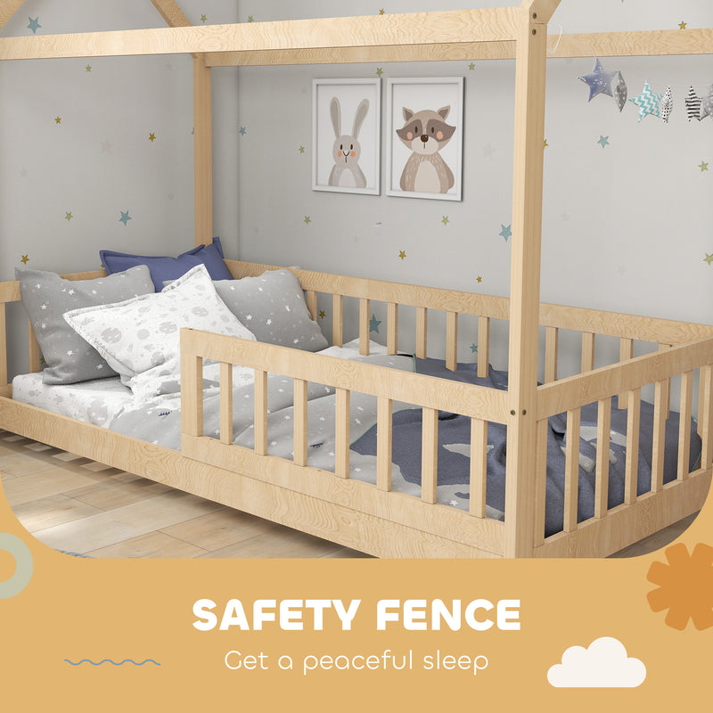 Wooden Kids House Bed Frame with Safety Guard Rails for Children Single Bed Natural AOSOM