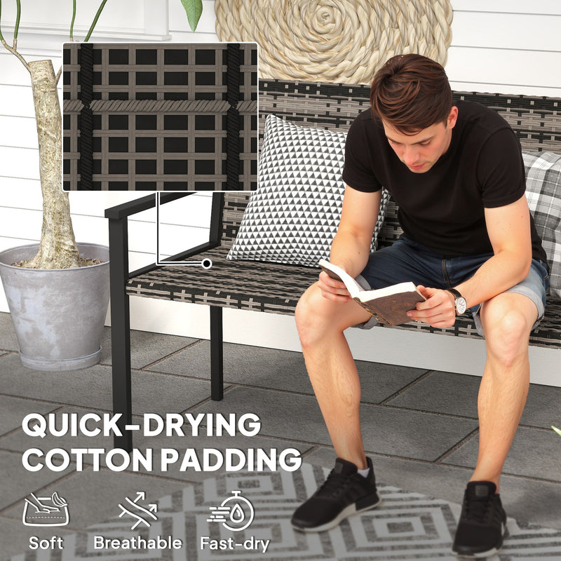 Grey Rattan 2 Seater Garden Bench with Cushions and Steel Frame for Patio Comfort by Outsunny