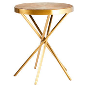 Aged fir wood round side table with a gold openwork stainless steel pedestal base