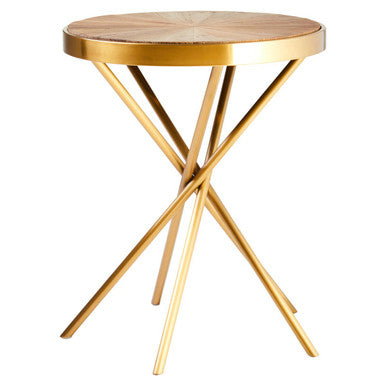 Aged fir wood round side table with a gold openwork stainless steel pedestal base