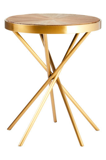 Front view of the 50cm round side table with gold base on a plain background