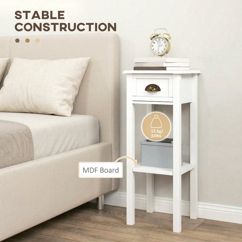 Slim Bedside Table Set with Drawer and Shelf for Small Spaces White Homcom