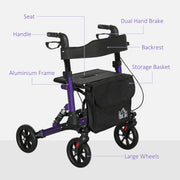 Lightweight Folding Rollator Walker with Seat Backrest Storage and Brakes for Seniors Purple by HOMCOM AOSOM