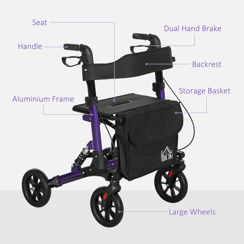 Lightweight Folding Rollator Walker with Seat Backrest Storage and Brakes for Seniors Purple by HOMCOM AOSOM