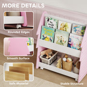 3 Tier Kids Bookshelf With Toy Storage And Wheels For Bedroom Or Playroom Pink AOSOM