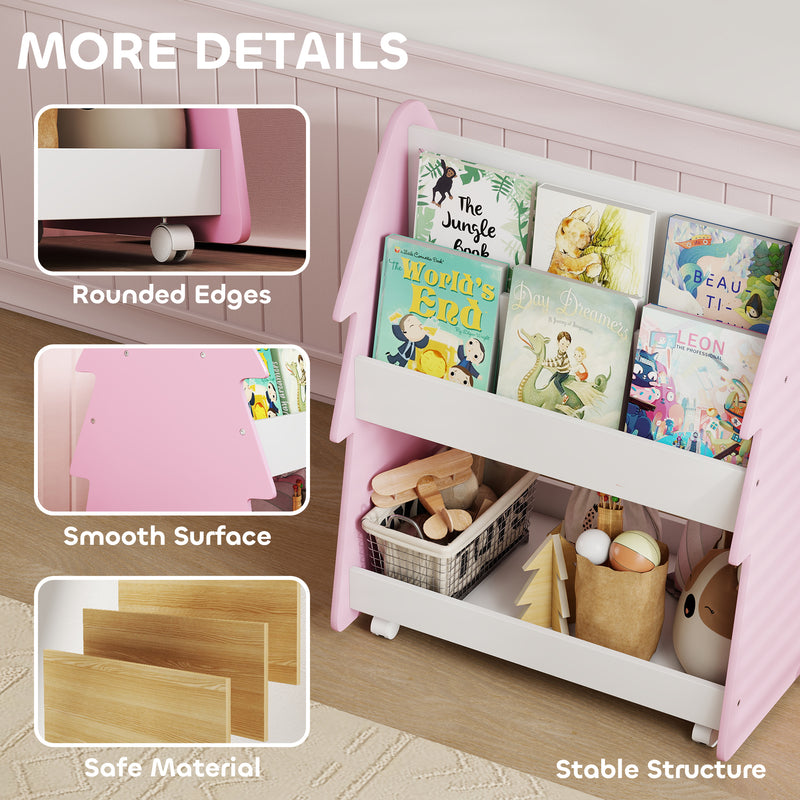 3 Tier Kids Bookshelf With Toy Storage And Wheels For Bedroom Or Playroom Pink AOSOM