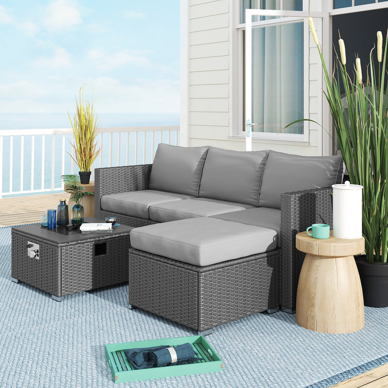 Grey 5 Piece Rattan Garden Furniture Set with Gas Fire Pit Table and Footstool