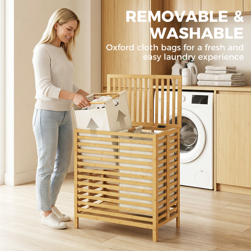 Double Laundry Basket With Removable Bags and Top Shelf for Easy Sorting Natural Bamboo Cream