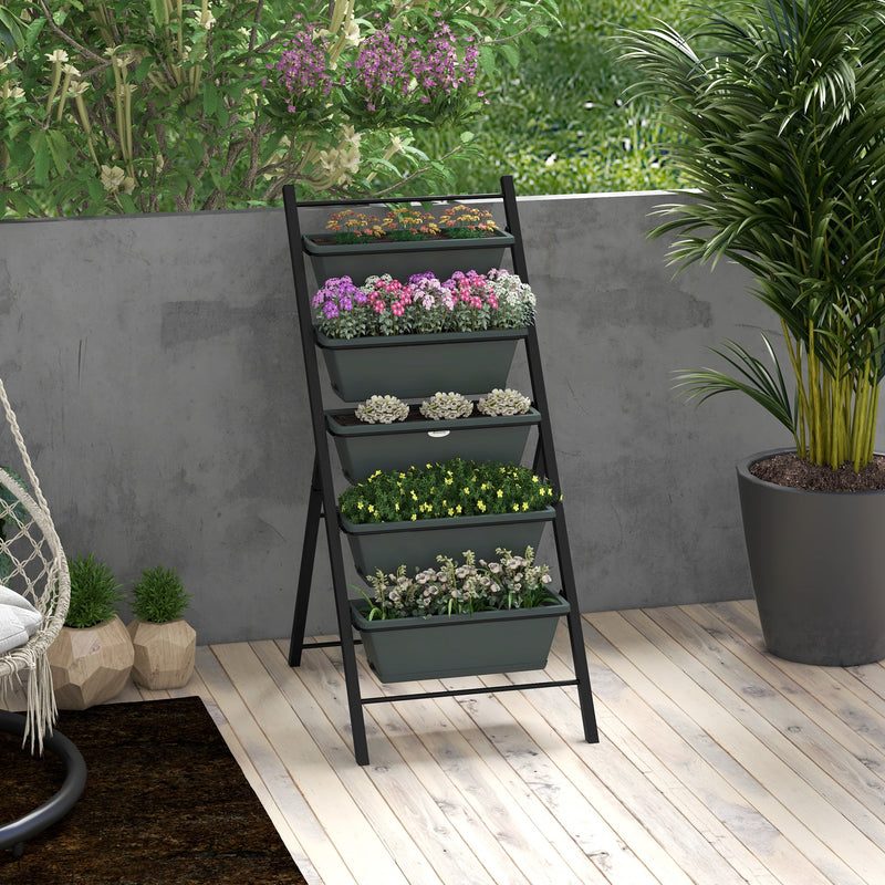 Grey 5 Tier Vertical Garden Planter Stand With Containers For Vegetables And Flowers