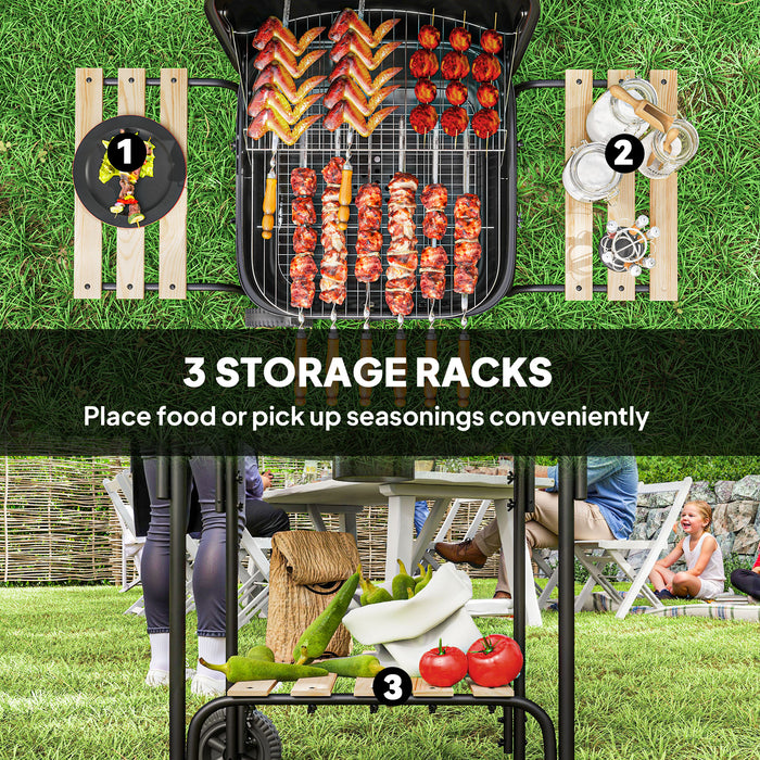 Portable Charcoal BBQ Grill with Large Cooking Area Shelves Wheels Lockable Lid by Outsunny
