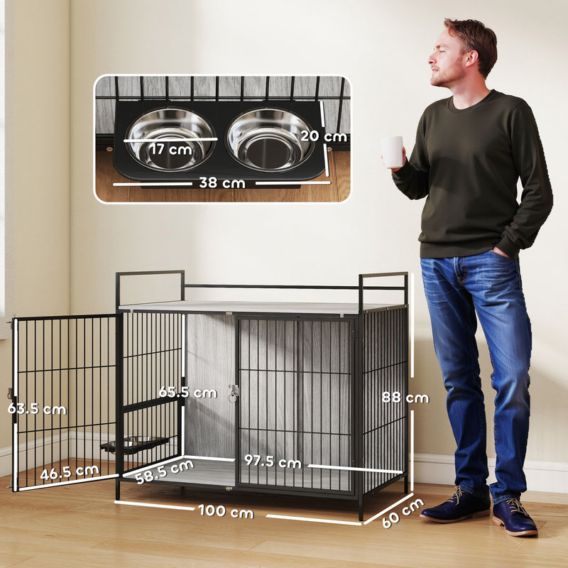 Large Dog Crate Furniture With Rotating Bowl Holder and Double Doors for Indoor Use, Grey