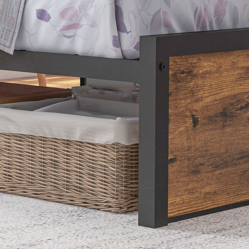 Single Metal Bed Frame With Storage Headboard and Slatted Base For Bedroom, Rustic Brown