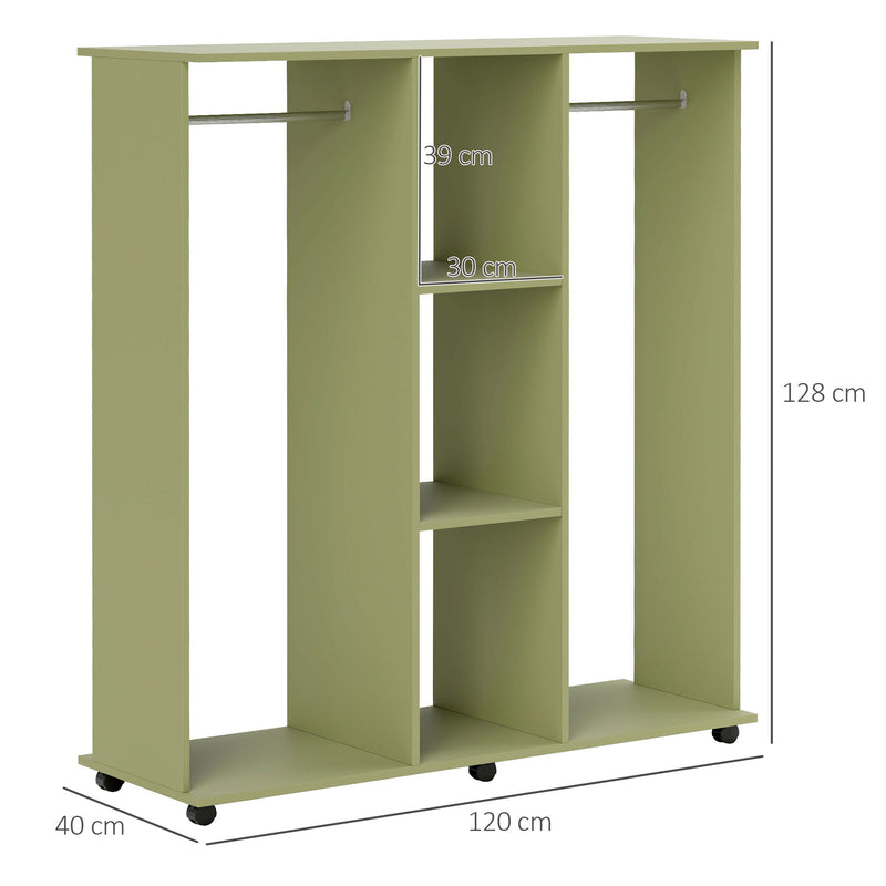 Green Double Open Wardrobe with Mobile Storage Shelves and 6 Wheels by HOMCOM