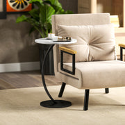 C Shaped Side Table with Marble Effect Top for Sofa or Bedside Use, White