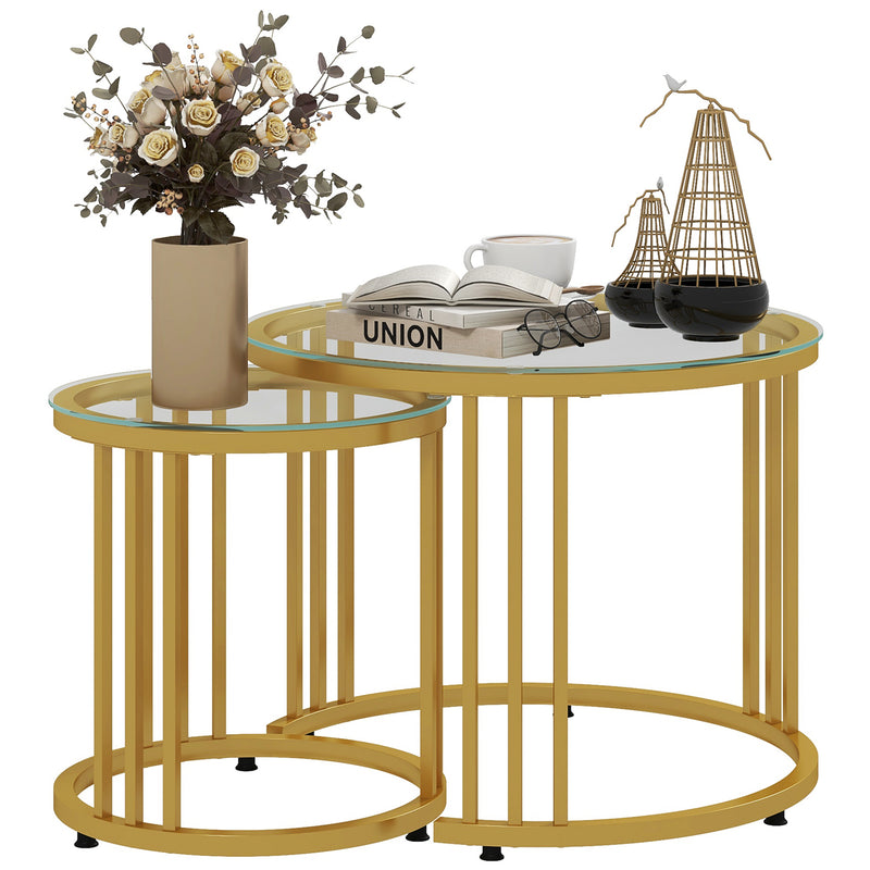 Set of 2 Nesting Round Coffee Tables with Tempered Glass Tops for Living Room, Gold Tone