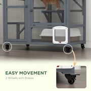 Indoor Wooden Cat Enclosure With Platforms And Hammock On Wheels For Easy Moving, Light Grey