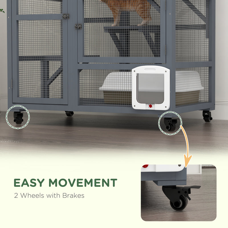 Indoor Wooden Cat Enclosure With Platforms And Hammock On Wheels For Easy Moving, Light Grey