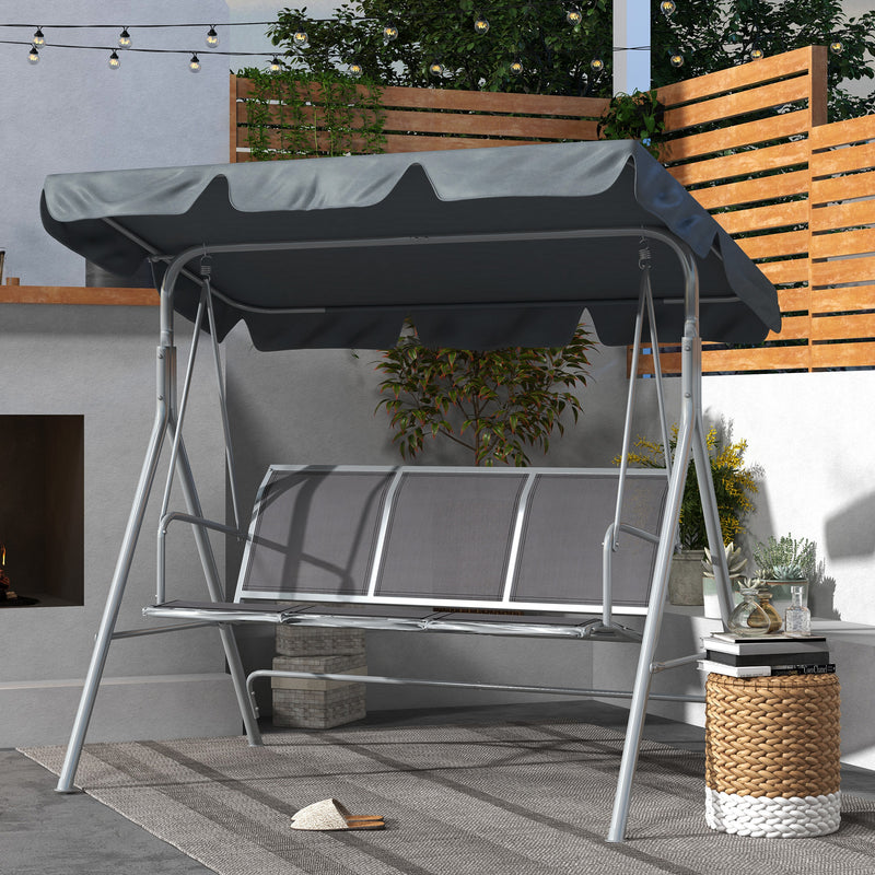 Patio Swing - 3 Seater Garden Swing Chair With Adjustable Canopy And Mesh Seat For Patio, Dark Grey