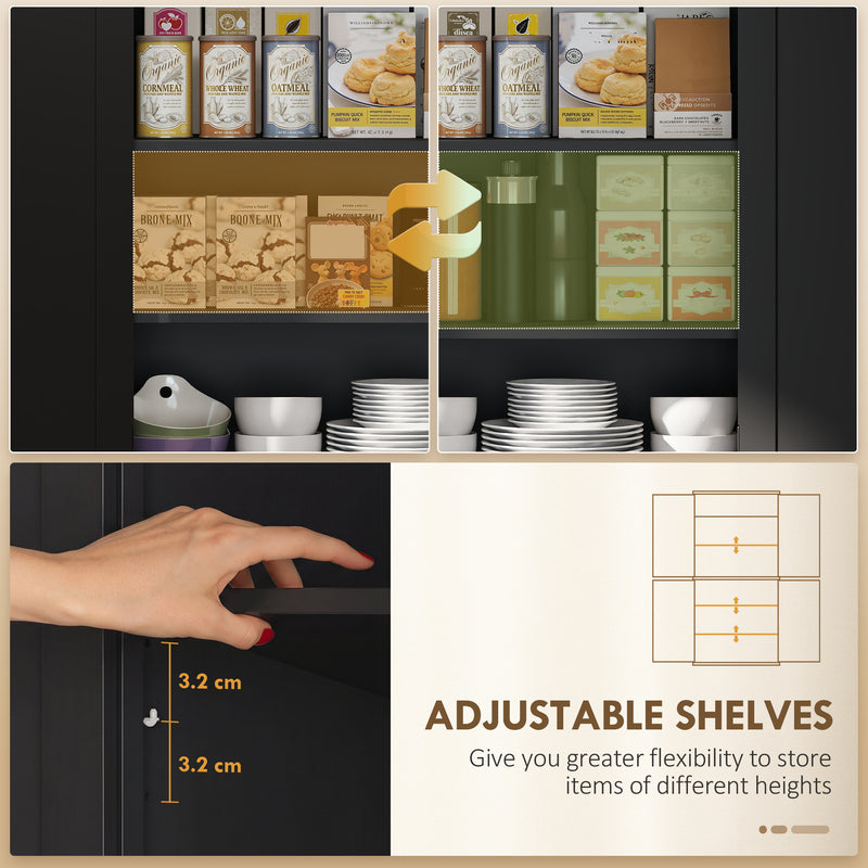 Tall Kitchen Storage Cabinet With Adjustable Shelves and Deep Cupboards Black