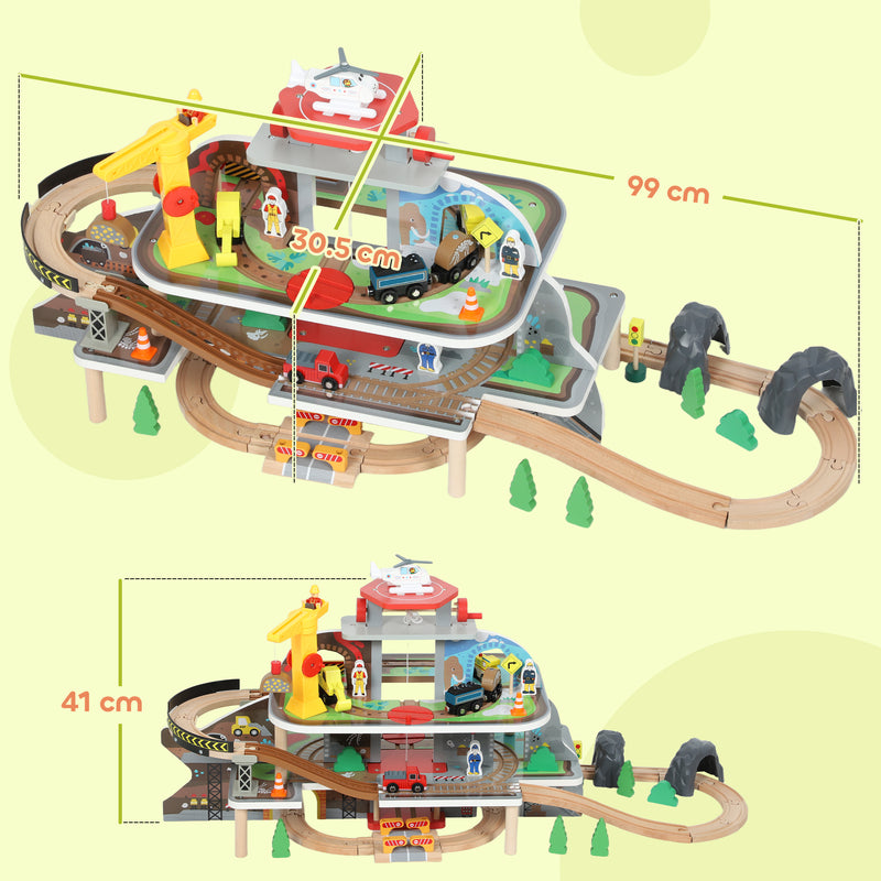 79 Piece Wooden Train Set with Crane and Helicopter Fun Mine Themed Track for Kids, Natural AOSOM