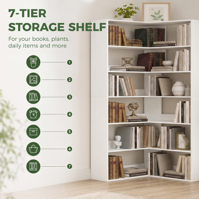 Corner Bookcase with 7 Open Shelves for Small Room Storage White Wood Effect