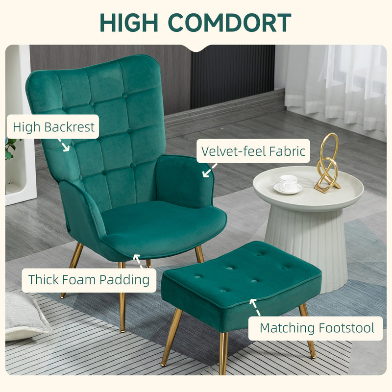 Velvet Wingback Armchair with Footstool for Living Room or Bedroom Steel Legs Dark Green
