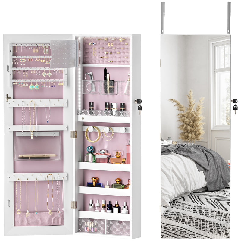 White Lockable Jewellery Cabinet with LED Lights and Pink Lining 108 x 37cm by HOMCOM