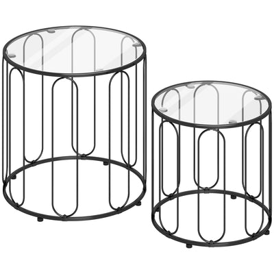 Coffee Tables, Modern Side Tables For Living Room Set of 2 - Tempered Glass & Black Metal Frame Homcom